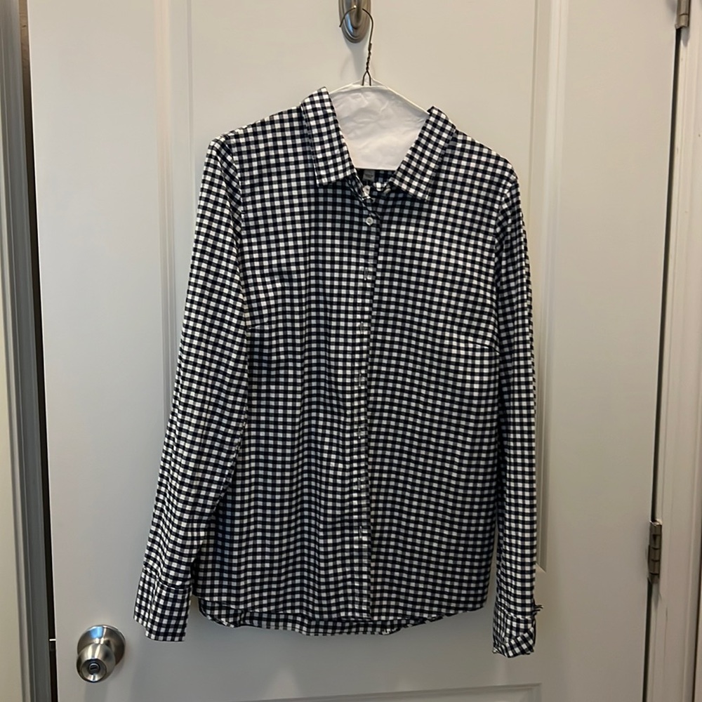 Navy and white check long sleeve shirt
